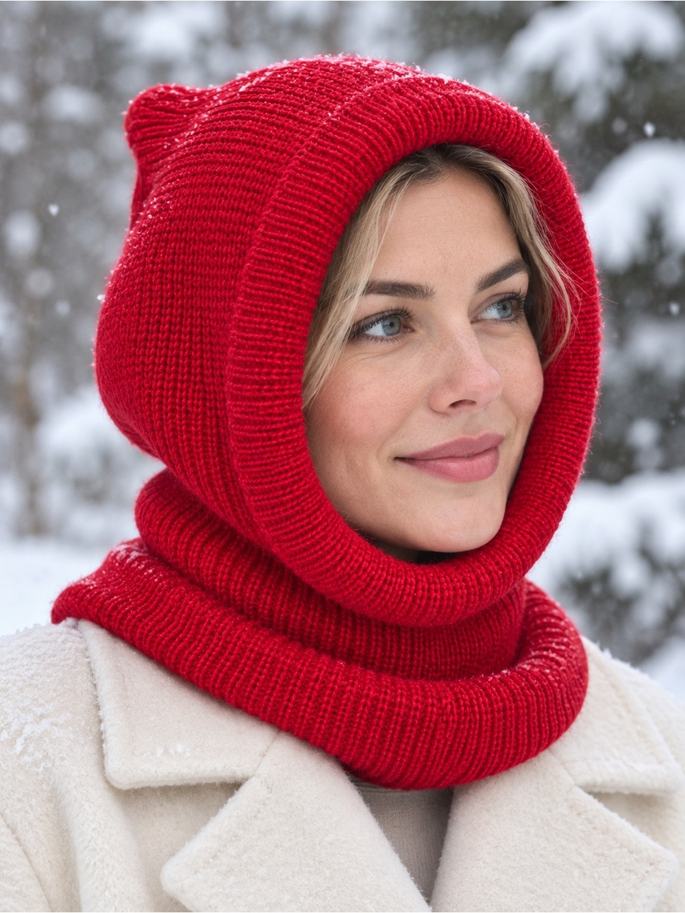 Bogner red ribbed knit balaclava or hooded neck warmer wool Beanie